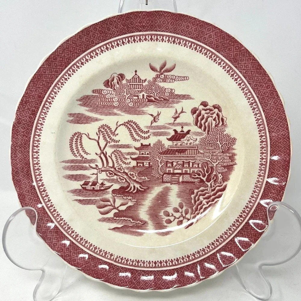 Spode Copeland Luncheon Plate Mandarin Red White Chelsea No Trim 9 Inch Vtg A‎